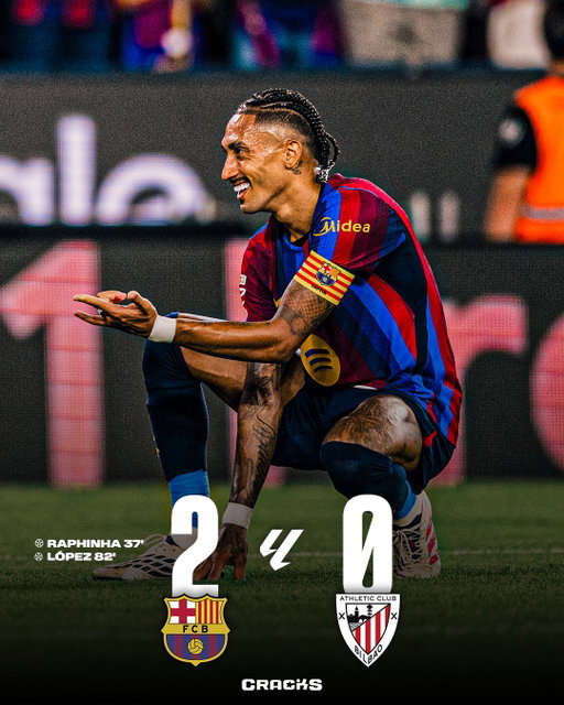 ➟ 𝙁𝙄𝙉𝘼𝙇 | Barcelona  2-0 Athletic Club 

VICTORIA. El Barcelona se estrena en casa de la mejor manera.

Jornada 2 🗓️ | LaLiga 🇪🇸