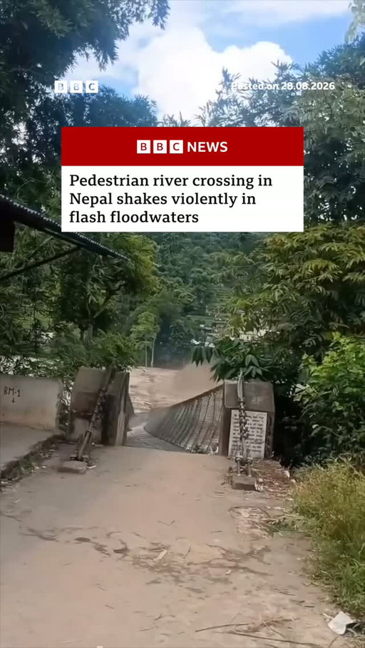 A pedestrian river crossing has been filmed shaking violently during Nepal's flash flooding on Wednesday.
 
More than 900 people are missing and at least 389 have died, with rescuers scrambling to search for survivors in Nepal and Tibet.
 
Tap the link in @BBCNews's bio for ongoing coverage from the flooding. 
 
#BBCNews