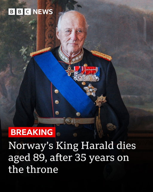 Norway's King Harald V has died at the age of 89, after he was taken to hospital last week for treatment for a rare blood condition.
 
The palace in Oslo said he passed away peacefully at 06:35 local time (04:35GMT) on Friday at the national hospital in the capital. 
 
The royal flag on the roof of the palace has been lowered to half-mast.
 
Harald was Norway's first king born in the country since the 14th Century, and he spent 35 years on the throne. He will be succeeded by his son Haakon.
 
Tap the link in @BBCNews's bio to read more about Harald's life. 
 
(📸 Getty) 
 
#Norway #KingHarald #BBCNews