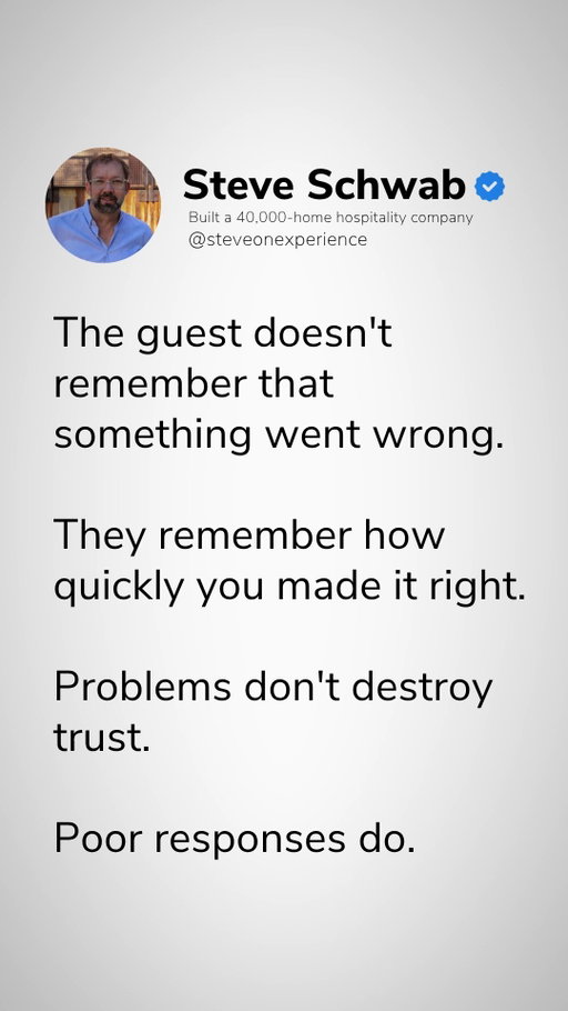 Problems don't destroy trust, poor responses do. 

In hospitality, unexpected issues will inevitably occur. However, a minor breakdown in a property rarely ruins a guest's impression on its own. What destroys trust is slow communication, defensive excuses, or lack of ownership.

When an operational stumble happens:

- Speed Over Excuses: Responding immediately shifts the narrative from disappointment to gratitude.
- Service Recovery: Solving an issue quickly in front of the guest demonstrates genuine care.
- Memorable Resolutions: Guests remember how efficiently a team resolved an issue far longer than they remember the issue itself.

Master the speed of your service recovery to protect guest confidence.

Bigger isn't the win. Better is.

Follow @steveschwab1971 for more hospitality and leadership insights.

#ServiceRecovery #GuestTrust #HospitalityStandards #PropertyManagement