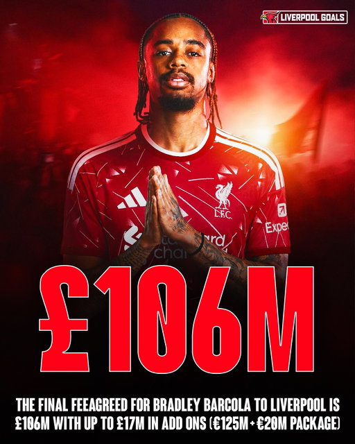 🚨CONFIRMED: The final fee paid for Bradley Barcola is £106m with up to £17m in add ons (€125m + €20m package). He will complete his medical in the next 24 hours and then sign a FIVE year deal ✍️ (Via David Ornstein). 

So how are we feeling Reds? 🤩

Finally Barcola is a Red, unlike the other signings this summer that came out of nowhere, this one dragged on but finally it’s a confirmed done deal 😌🙏

📊 PolymarketPartner

Now if there’s any left footed RW footballers, please message Liverpool on LinkedIn 😅