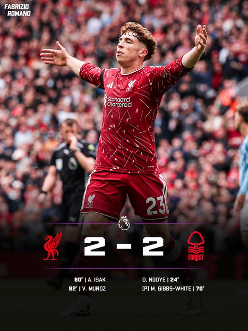 𝐋𝐈𝐕𝐄𝐑𝐏𝐎𝐎𝐋 𝐒𝐀𝐕𝐄 𝐀 𝐋𝐀𝐓𝐄 𝐏𝐎𝐈𝐍𝐓 🥵🍿

Nottingham Forest with 𝐁𝐄𝐀𝐔𝐓𝐈𝐅𝐔𝐋 Anfield performance 👏🏼

Victor Munoz has scored on his 𝐅𝐈𝐑𝐒𝐓 home game in Red 🇪🇸

Alexander Isak, 𝐁𝐀𝐂𝐊 to scoring but only 2 draws for LFC 🇸🇪

𝐖𝐡𝐨’𝐬 𝐛𝐞𝐞𝐧 𝐲𝐨𝐮𝐫 𝐌𝐚𝐧 𝐨𝐟 𝐭𝐡𝐞 𝐌𝐚𝐭𝐜𝐡? ⚡️