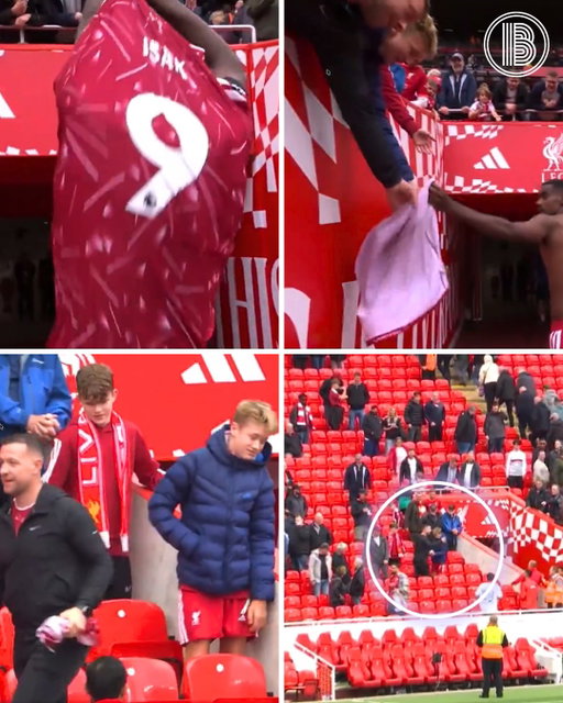 This was a crazy moment captured on the cameras at Liverpool's draw with Nottingham Forest this afternoon

After the game, goalscorer Alexander Isak went to hand his shirt to a kid in the stands, before it was snatched away by an older fan

As the cameras panned out, viewers noted two other fans intervening to ensure the youngster got the shirt back - which he thankfully did

You'd be scarlet!

#football #premierleague #liverpool
