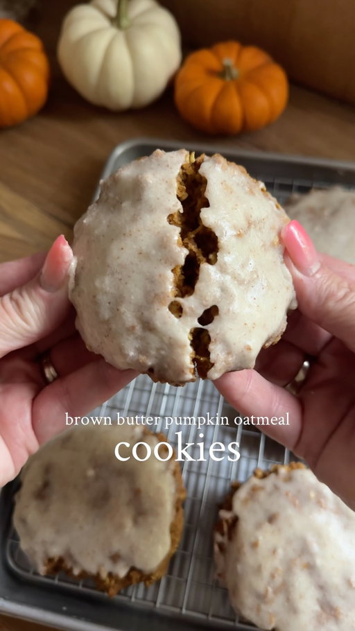 Brown Butter Pumpkin Oatmeal Cookies 🍁

Soft, chewy, full of pumpkin spice, and topped with brown butter glaze. Basically fall in cookie form.

Ingredients
* 1¼ cups canned pumpkin puree
* 20 tbsp. unsalted butter, divided
* 2 cups old-fashioned rolled oats
* 1⅔ cups all-purpose flour
* 2 tsp. pumpkin pie spice
* 1½ tsp. cinnamon
* 1 tsp. baking soda
* ½ tsp. salt
* 1 cup granulated sugar
* ⅔ cup packed brown sugar
* 1 egg yolk
* 2 tsp. vanilla

Glaze
* Reserved brown butter 
* 1½ cups powdered sugar
* 3 tbsp. milk
* ¼ tsp. vanilla
* Pumpkin pie spice, optional

Directions

1. Blot pumpkin with paper towels to remove excess moisture, leaving about 1 cup.
2. Brown all 20 tbsp. butter on the stovetop until golden and nutty. Pour into a heat-safe bowl, including the browned bits. Use 1 cup for the cookies and reserve 1/4 cup for the glaze.
3. Heat oven to 350°F. Whisk oats, flour, spices, baking soda, and salt together.
4. Whisk 1 cup brown butter with both sugars. Add egg yolk, vanilla, and pumpkin. Fold in dry ingredients.
5. Scoop about 2 tbsp. per cookie onto parchment-lined baking sheets, spacing 3” apart. Gently flatten with a spoon.
6. Bake 14–15 minutes, until edges are lightly browned and set. Cool 10 minutes on the pan, then transfer to a rack.
7. For the glaze, whisk remaining brown butter with powdered sugar, milk, and vanilla. Dip cooled cookies and sprinkle with pumpkin pie spice.

Makes about 24 cookies. Store covered for up to 2 days…if they make it that long!

#cookies #baking #pumpkinrecipes #brownbuttercookies