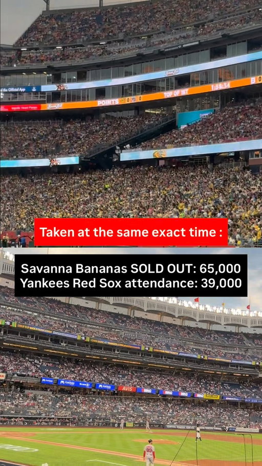 Is Banana Ball truly taking over the baseball space? 🫣

Savannah Bananas managed to completely pack out Gillette stadium’s arena to the max capacity of 65K for both of their weekend games ….. meanwhile the infamous rivalry of Yankees vs Red Sox had only 39K attendees present for their game.

Each game was played at the same time, both videos taken at the end of the first inning. 

#TickPick #yankees #redsox #savannahbananas #mlb