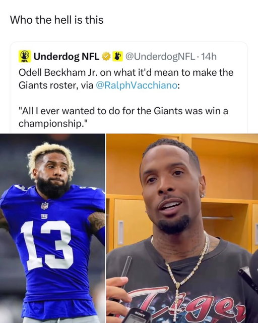 OBJ looks WAYYY too different now 😭

Odell Beckham Jr. back in a Giants uniform is one of those full-circle moments nobody saw coming. Years after the trade, years after the different stops, and he’s right back where his whole legend started, grinding for a roster spot instead of headlining the offense like he used to.

It’s not the flashy return fans probably imagined, but it’s still wild to see him back in that same building chasing one more shot. Odell’s career has taken him everywhere, and somehow it’s brought him right back home.

Did you ever expect to see OBJ back in a Giants jersey again?

(@ralphvacchiano/x)
#obj #odellbeckhamjr #giants