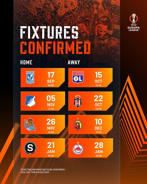 The dates and times of our @europaleague league phase fixtures have been confirmed 🗓️