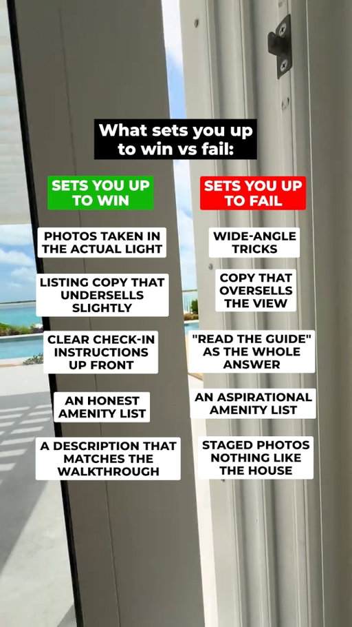 What sets your listing up to win vs. fail. 

The fastest way to ruin a guest stay is to create a gap between expectation and reality. When marketing promises a luxury resort experience but delivers an average home, guest disappointment is inevitable.

The contrast between winning and failing strategies:

- Winning Strategy: Authentic photos in real light, copy that sets realistic expectations, upfront check-in guidance, accurate amenity details, and honest walkthrough descriptions.

- Failing Strategy: Manipulative wide-angle photography, exaggerated view descriptions, deflecting queries to the guidebook, listing non-existent amenities, and staged photos.

Real transparency drives repeat bookings and organic 5-star reviews.

Bigger isn't the win. Better is.

Follow @steveschwab1971 for more hospitality and leadership insights.

#HospitalityLeadership #PropertyManagement #GuestTrust