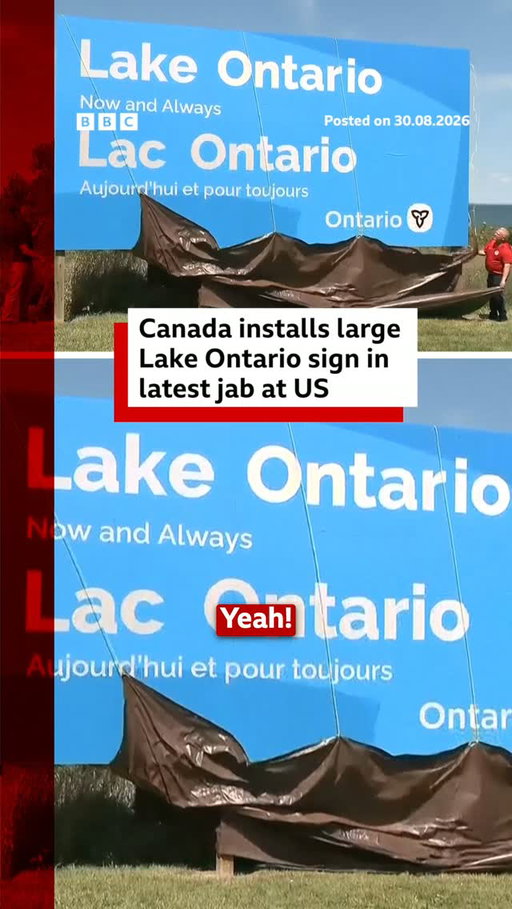 Ontario Premier Doug Ford has hit back at US President Donald Trump by installing a large sign on Canada's shoreline with the message: "Lake Ontario. Now and Always."
 
The US president signed an executive order on Thursday seeking to change its name to Lake America and has shared a series of AI-generated videos about the lake that straddles both countries.
 
"Long before President Trump, this lake was called Lake Ontario. Long after President Trump is gone, it will still be called Lake Ontario," Ford said.
 
Tap the link in @BBCNews's bio for more on this story.
 
#Ontario #BBCNews