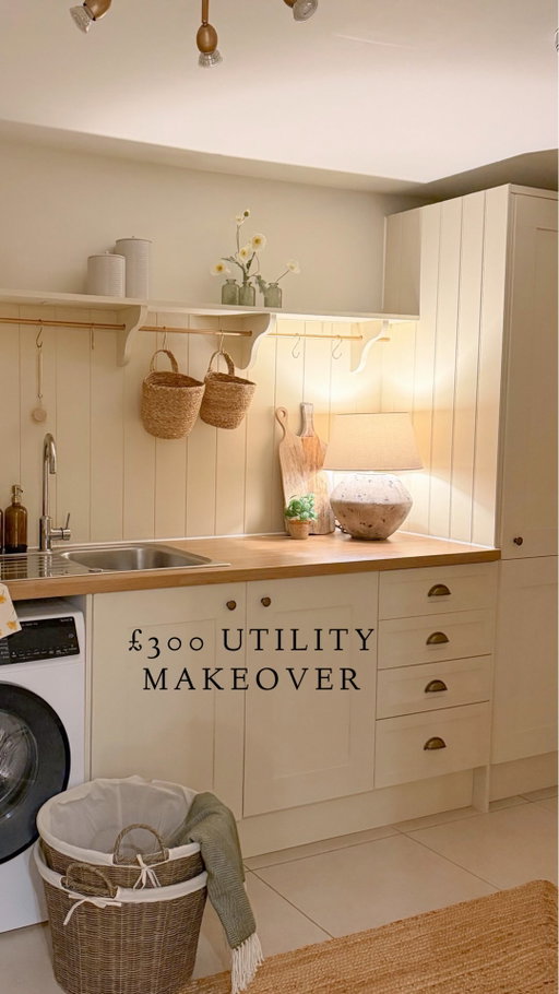 DIY-ING MY UTILITY OF DREAMS 😭✨ on a budget! High gloss to shaker style, which fits so much better in the basement of our thatched cottage! 

This was an absolute labour of love, I’ve spent every single spare moment in this bloody room for the last few weeks & it was worth every single second!! 

I’ll do a couple more reels to share the hacks I did properly if you’re interested!! But here are some details below:

MDF strips for panels on doors - buy 2.4mm thick sheets of MDF and get them cut into 1.2m x 10cm strips in @bandq_uk instore timbre section! (Cost me £40)

Use a handsaw to cut to size 

Primer is @zinsseruk It is phenomenal (£25) 

I used a £30 tongue & groove sheet from @bandq_uk for the side panels of the unit 

£49 water resistant panelling for behind the sink - also @bandq_uk I used 2 packs 

Stick it with no more nails glue, caulk gaps! (I had these already so no cost but they aren’t much!) 

Rub & Buff paint was £7 and did the two lights and my rail & the hooks and I have some left over! 

Rail I made from 15mm x 3m copper pipe which costs around £12 and I used rub & buff on it 

I bought cheap hooks from Amazon & painted them too 

Corbels were from @bandq_uk online cost me about £60

I made a shelf out of a thick £20 MDF sheet in store at B&Q which I again got cut for free in store into the two strips and attached together 

DIY beam - I had all the stuff from last time (see my DIY beam reel if you’re interested how to do this!) 

Paint is a mixed version (cheaper) of the Farrow & Ball Matchstick £25

Antique brass cup handles were B&Q good home £7 

Antique brass draw handles were £7 for a pack of 12 from Amazon 

Total cost £311 !!!! I am CHUFFED ! 

I have a highlight with loads of links in!! Any questions pop below!! 

Love, Kat xxxxx