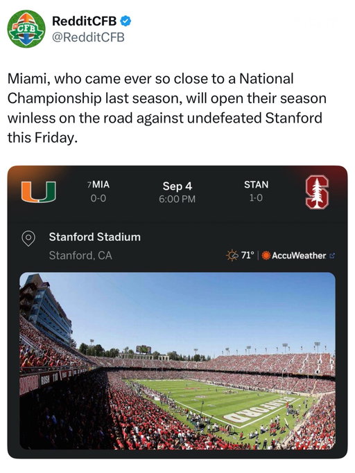 The college football schedule is giving us one of the best Week 1 situations imaginable: No. 7 Miami will open its 2026 season against a Stanford team that is already 1-0. The Hurricanes haven’t played since falling just short of a national championship, losing 27-21 to Indiana in last season’s College Football Playoff title game, and now their first step toward another run comes more than 3,000 miles from home at Stanford Stadium.  Stanford, meanwhile, already has a game under its belt after beating Hawai‘i 37-27 in Week 0, meaning the Cardinal will enter Friday night undefeated while Miami technically enters winless at 0-0.  It’s also only the second-ever meeting between the programs: Miami crushed Stanford 42-7 last season after the game was tied 7-7 at halftime, and Friday will mark the Hurricanes’ first-ever trip to Stanford.  So yes, the post is technically correct — the team that came within one win of a national championship will begin its season winless on the road against undefeated Stanford, with kickoff set for 9:00 PM ET on ESPN on September 4. 

#cfb #footballisback #footballseason #football #matchup