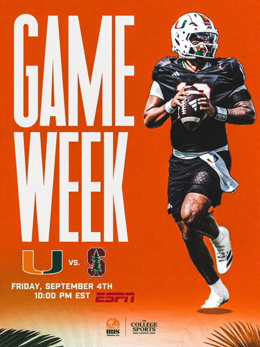 It’s officially game week! Your Miami Hurricanes face off against Stanford on Friday, September 4th, on ESPN 🙌🔥

•
•
•
•
#ItsAllAboutTheU #Canes🙌 #MiamiHurricanes #TheU #miami