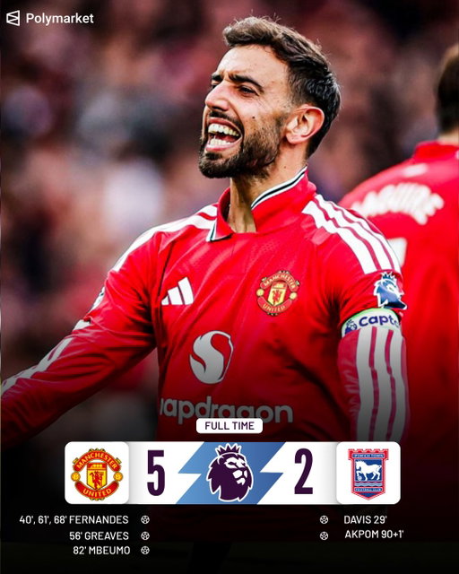🚨FULL TIME: Manchester United make an impressive comeback against Ipswich and win their first game of the season thanks to a Bruno masterclass 🐐 

Thoughts on the game? 🤔