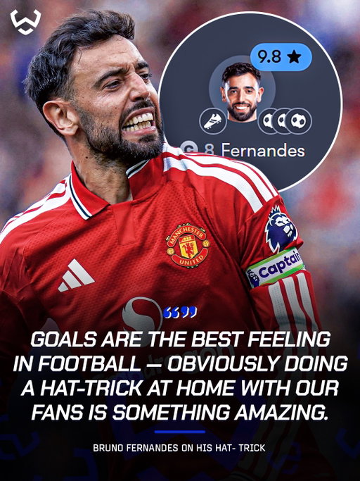 A Hat-trick for the man voted Premier League Player of the Season, Bruno Fernandes. 🌟🔥

🗣️ Bruno after the game: “Goals are the best feeling in football. Scoring a hat-trick at home in front of our fans is something amazing and I’m very proud of it.”

“But the most important thing is scoring to help the team win games. I did that today, and hopefully I can do much more.” ❤️