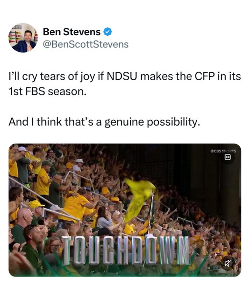 North Dakota State played in and won their first game at the FBS level yesterday.

They were favored by 6.5 points over Jacksonville State, one of the top teams in Conference USA who has won 9 games in each of the past three years, and won by 26…

The Bison held the Gamecocks to just 7 points, their fewest in a game since October 2nd, 2021. Jax State had scored double-digits in 56 STRAIGHT GAMES before yesterday.

North Dakota State played in front of a sold out crowd in the FargoDome and gave their loyal fans a fun to start to their FBS era.

It’s early, but the Bison look like they could certainly contend in the Mountain West this year.