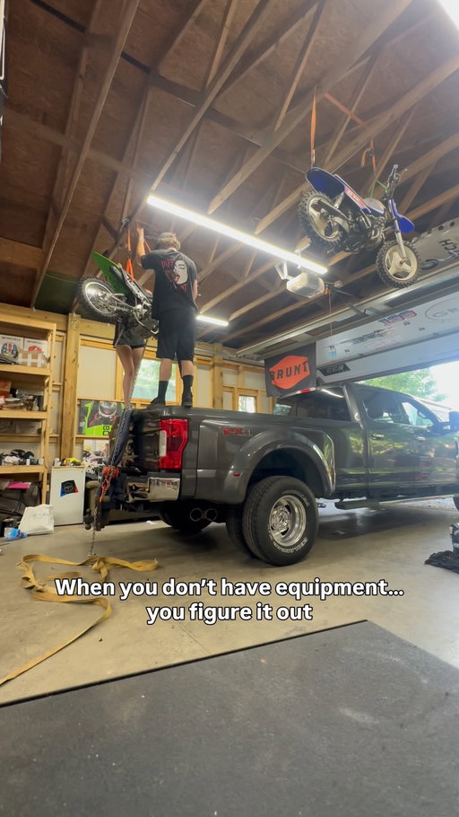 No equipment? No problem. Redneck ingenuity at its finest you might say. 🤓 
Thankful to have my first ever bike hanging up along with @banks169 winning bike from the Nitro pit bike race a few years back!