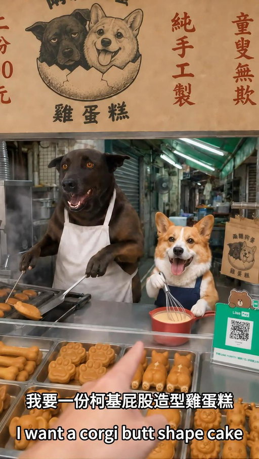 🐔蛋糕剛開幕就遇到奧客，只好搬出消波塊
A newly opened egg cake stall
#dreaminaai #dreaminaseedance25
#dreaminacpp #pet #dog 
@dreamina_ai