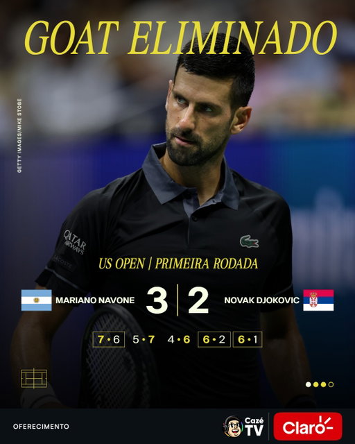 TENTOU ATÉ O FINAL 🥺

Novak Djokovic trava batalha de mais de 4h30, mas perde em cinco sets para o argentino Mariano Navone e está eliminado do US Open logo na primeira rodada.

A última vez que Djokovic havia sido derrotado em uma estreia de Grand Slam, foi no Australian Open de 2006, quando foi derrotado na estreia por Paul Goldstein. VOCÊ É GIGANTE, GOAT! 💪

#CoberturaCazéTV #Tênis #PostPatrocinado #Claro