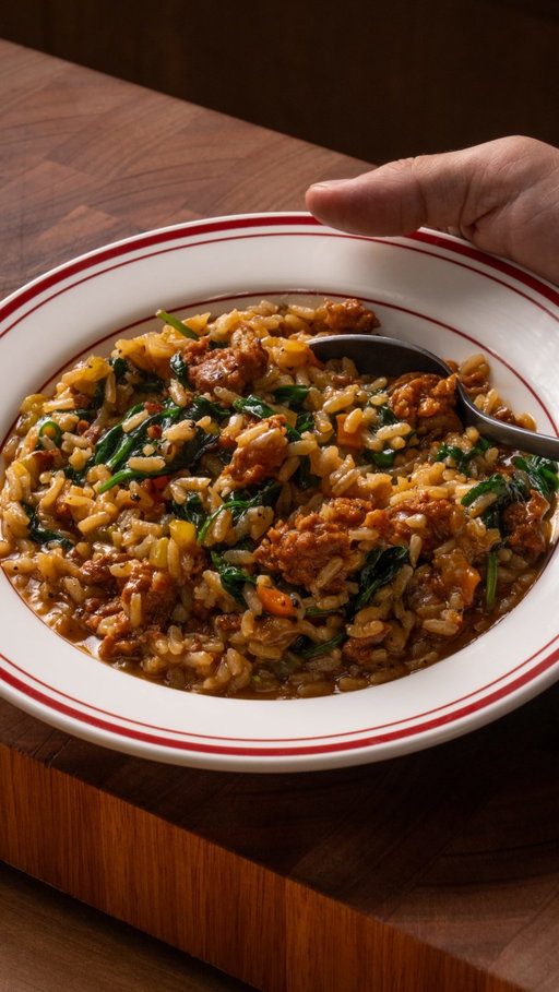 One pot sausage and rice 

Ingredients
- 1 onion
- 1 carrot
- 1 stick celery
- 2 cloves garlic
- 2 chorizo sausages
- 2 tbsp olive oil
- ½ tsp smoked paprika
- Salt and pepper to taste
- 120g (4.2 oz) Arborio rice
- 500ml (17 ½ oz) chicken stock
- 60g (2.1 oz) baby spinach

Method

Step 1
1. Peel and finely dice the onion and carrot, finely dice the celery then set aside.
2. Crush and roughly chop the garlic, then set aside.
3. Slice the chorizo into chunks, (3-4cm thick) then set aside.

Step 2

1. Add olive oil to a medium sized saucier. Preheat the saucier on high heat for 30 seconds.
2. Add the onion, carrot and celery, sweat for 2-3 minutes with ½ tsp of salt. Once the onions turn translucent, add the garlic and stir.
3. Add the sliced chorizo and stir into the vegetables. Cook for two minutes or until the fat begins to render out of the chorizo.
4. Add the smoked paprika, ¼ tsp of salt, 12 cracks of black pepper and the rice (no need to rinse the rice). Keep the saucier on the heat to lightly toast the rice for 1 minute.
5. Add the chicken stock and stir, making sure to lift any pieces of rice stuck to the bottom of the saucier. Bring the stock to a simmer then turn the element down to low, place a lid on top and leave for 15 minutes.

Step 3

1. Remove the lid and check the rice is soft. If the rice is still firm, place the lid back on and leave on low heat for a further 5 minutes.
2. Remove the lid, turn the heat up high and add the spinach. Place the lid back on for 60 seconds. Remove the lid, stir the rice and cook for a further 60 seconds.
3. Taste the rice and adjust seasoning if required. Plate and enjoy.