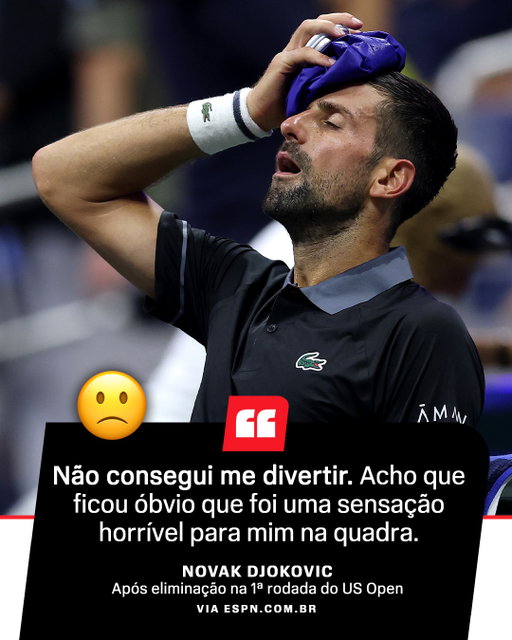 FORÇAS, NOLE! ❤️🤕 

Novak Djokovic lutou contra problemas físicos, acumulou erros e não conseguiu encontrar um caminho para evitar a derrota para Mariano Navone e a eliminação logo na 1ª rodada do US Open, na noite de domingo (30). O sérvio caiu por 3 sets a 2 para o argentino em uma batalha de 4 horas e 36 minutos.

Foi a partida de estreia mais longa de um Grand Slam na carreira de Djokovic, e se tornou a eliminação mais precoce em duas décadas. Nole não era eliminado no 1º jogo desde 2006, no Australian Open.

#TênisNaESPN #Djokovic