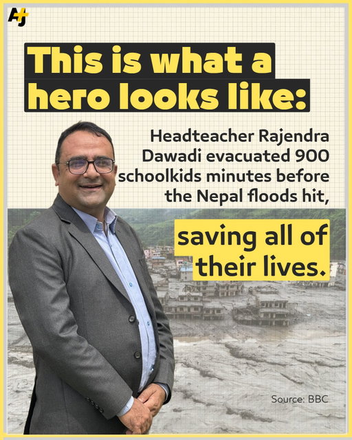 A headteacher saved 900 children from deadly flash floods in Nepal. Rajendra Dawadi led hundreds of schoolkids to safety from the Tribhuvan Trishuli secondary school in Nuwakot. ⁣
⁣
#Nepal #Flood #School #NepalFloods #ClimateCrisis