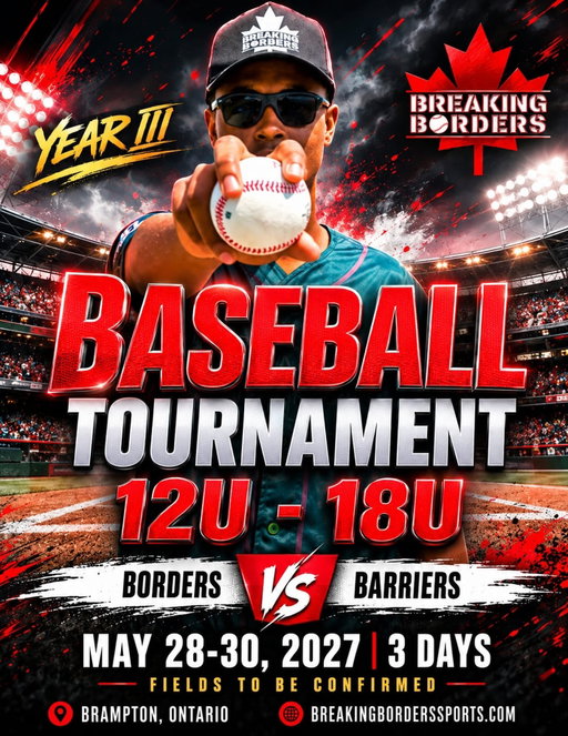 🌎⚾ THE BORDERS ARE OPEN. YEAR THREE IS HERE. 🇨🇦🔥

Breaking Borders Sports is officially returning to Brampton, Ontario, Canada for our biggest international baseball tournament yet.

📅 MAY 28, 29 & 30, 2027
⚾ 12U TO 18U
⏰ Games beginning at 8:00 AM
📍 Multiple diamonds across Brampton

And this year, the world is coming to us. 🌎

🇻🇪 VENEZUELA
🇵🇦 PANAMA
🇩🇴 DOMINICAN REPUBLIC
🇨🇴 COLOMBIA
🇰🇳 ST. KITTS
🇧🇸 BAHAMAS
🇨🇦 CANADA
🌎 AND MORE TO COME

Games will take place across Brampton at:

📍 Morris Kerbel Park
📍 Flower City Community Campus
📍 Chris Gibson Park
📍 David Dash Memorial Park
📍 Susan Fennell Sportsplex

Three days. Multiple countries. Seven age divisions. One city. One unforgettable baseball experience. 🔥

And we’re taking the experience beyond the diamond.

🧥 Every participating player will receive their OWN custom Breaking Borders team jacket featuring their team’s logo.

That means every athlete leaves Breaking Borders with something representing their team, their experience and the memories made in Brampton. 🌎⚾

This is more than a tournament.

This is athletes from different countries, cultures and communities coming together through baseball.

BASEBALL WITHOUT BOUNDARIES.
TALENT WITHOUT BARRIERS.

Coaches, teams and baseball organizations interested in joining us for Breaking Borders 2027, now is the time.

📩 DM us for registration information
🌐 www.breakingborderssports.com

🔥 BRAMPTON, GET READY. YEAR THREE IS COMING. 🔥

#BreakingBordersSports #BreakingBorders2027 #InternationalBaseball #BramptonBaseball #BaseballWithoutBorders