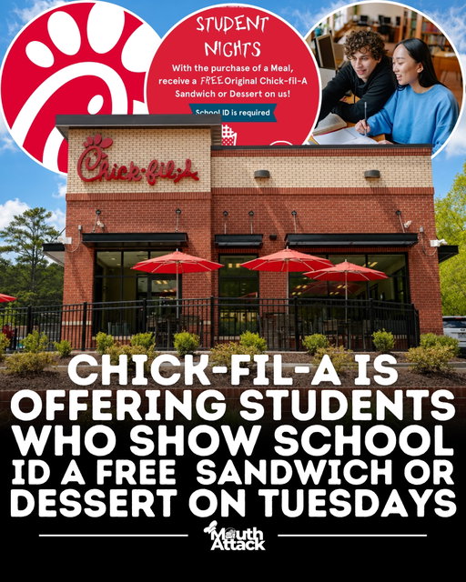 Chick-fil-A is giving students FREE food every Tuesday this fall! 🐔🔥

Students who stop by Chick-fil-A Edison Towne Square can purchase a meal and receive a FREE Original Chick-fil-A Chicken Sandwich or dessert during Student Nights. 🙌🍔🍪

The weekly deal runs every Tuesday from September 1 through December 22, 2026, between 4 PM and 7 PM. Students will need to show a valid school ID to claim the offer. 📚❤️

The promotion is exclusive to the Edison Towne Square location, so if you’re nearby, Tuesday nights might be the perfect excuse for a Chick-fil-A run. 👀

📸 @cfa.edison