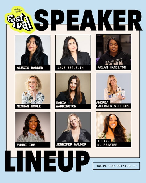 🚨 Nine new names just joined the Festival ‘26 lineup 🚨⁠
⁠
@alexisbarber — Brooklyn-based writer and creator economy strategist who was YouTube’s first-ever Global Content Strategist before launching her own wellness brand, Too Collective (think sold-out collabs with Rare Beauty and Bumble).⁠
⁠
@jadebeguelin — Co-Founder & CEO of 4AM Skin, the skincare brand for people with somewhere to be (she went from JPMorgan derivatives trader to closing an oversubscribed $4M+ seed round backed by the founders of Youth to the People and Violet Grey).⁠
⁠
@arlanwashere — Founder & Chair of Backstage Capital, the VC firm she built while homeless that’s since invested in 200+ underestimated founders (also a co-founder of Gem Blends and the women’s pro basketball league 3XBA).⁠
⁠
@allthingsmeghoule — Founder & CEO of CONCÉ™, reimagining how companies hire after 20+ years placing talent for the world’s biggest luxury and beauty brands.⁠
⁠
Maria Warrington — CEO of Beacon Wellness Brands, running a portfolio that includes plusOne, Plum Beauty, and Palm Perfect (aka the woman quietly behind half your wellness aisle).⁠
⁠
@andreafaulknerwilliams — Co-founder and “Head Mama” of Tubby Todd, the family skincare brand she built at her kitchen table into one of the fastest-growing names in baby care.⁠
⁠
Funbi Ibe — Global Head of Partner Marketing at Constant Contact, with 15 years building growth strategies for brands like Samsung, Cox Automotive, and Mondelez.⁠
⁠
@_jennifer_walker_ — Co-founder of Walker Drawas and communications advisor to Cardi B’s Grow-Good Beauty, shaping brand strategy across fashion, beauty, and culture.⁠
⁠
@alexysthegreat — Founder of The Kinship Advisors, once known as “the NBA’s Other Coach” for helping 450+ athletes build their leadership brand (she also architected President Obama’s athlete and celebrity engagement strategy).⁠
⁠
📍September 19-20 in Los Angeles, CA⁠
⁠
PRICES GO UP TOMORROW! Comment “FESTIVAL,” and we’ll send you the link to get tickets!