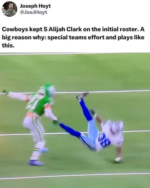 This was one hell of a play by Alijah Clark 💯

In 2025, Clark played extensively on Dallas’ special-teams units. His biggest play came against Philadelphia in Week 12, when he fought through multiple blocks and forced a fumble on a kickoff return, which Dallas recovered.

Clark’s 2025 season totals: 11 games, 1 start, 18 combined tackles (9 solo), 1 forced fumble, 0 sacks, 0 interceptions and 0 pass breakups.

(@nfl)