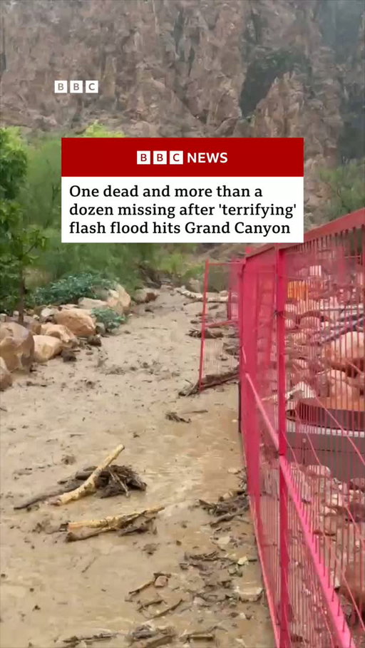 One person has died and 15 remain missing or unaccounted for after flash flooding swept through parts of the Grand Canyon, the National Park Service (NPS) has said.
 
The flood hit Bright Angel Canyon and the Phantom Ranch area on Saturday afternoon, wiping out footbridges and propelling boulders downstream.
 
The body of a 46-year-old man was found on Sunday evening near Crystal Rapids along the Colorado River, the park service told CBS News, the BBC's US partner.
 
Sixty-two people have so far been airlifted out of the area.
 
Tap the link in @BBCNews’s bio to read more.
 
#BBCNews