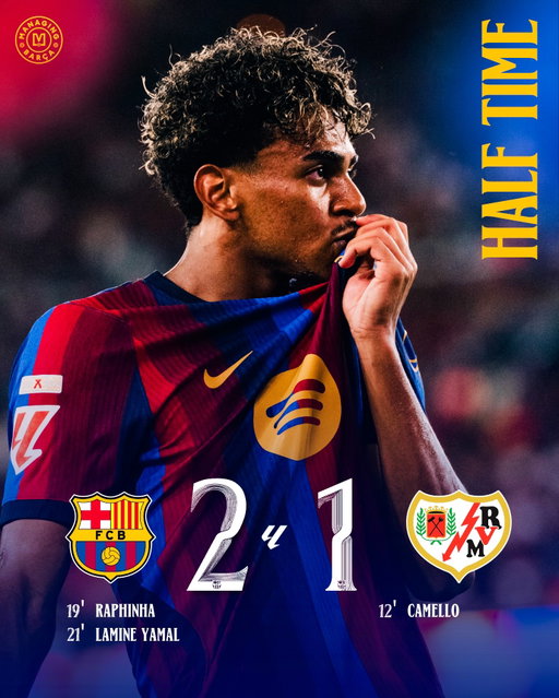 🚨🚨| 𝐇𝐀𝐋𝐅-𝐓𝐈𝐌𝐄: FC Barcelona lead 2-1 against Rayo Vallecano with goals from Raphinha and Lamine Yamal. Thoughts? 🔵🔴🤔