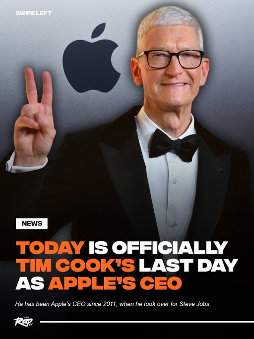 Follow @RAP for more viral news
Today marks Tim Cook's last day as Apple's CEO‼️🍎

In April, Cook announced he would step down and assume the role of executive chairman of Apple's board of directors, while John Ternus, Apple's Senior Vice President of Hardware Engineering, would takeover as CEO 🤝

Tim Cook has been the CEO since 2011 when he took over for Steve Jobs, but has worked at Apple since 1998 👀

When announcing he would step down, he shared a statement saying, "It has been the greatest privilege of my life to be the CEO of Apple and to have been trusted to lead such an extraordinary company. I love Apple with all of my being, and I am so grateful to have had the opportunity to work with a team of such ingenious, innovative, creative, and deeply caring people who have been unwavering in their dedication to enriching the lives of our customers and creating the best products and services in the world.”