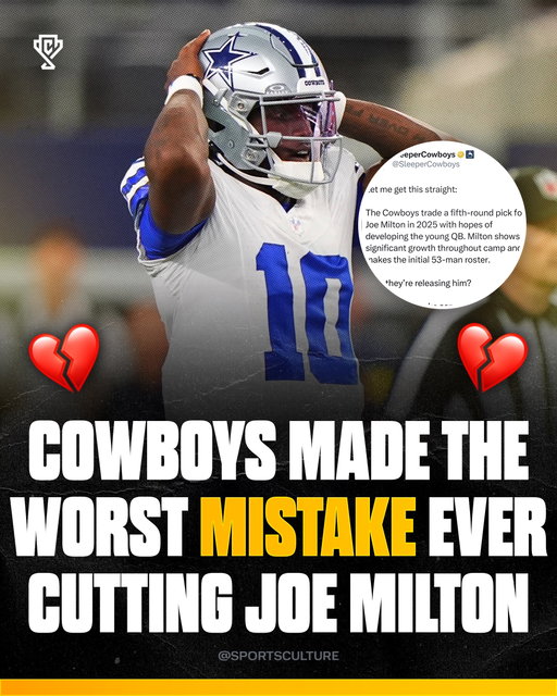 Cutting Joe Milton was one of the worst possible mistakes the Cowboys could have made this offseason 💔🤦‍♂️

The Cowboys have a 41% chance to win the East on @kalshi , after cutting Joe Milton can they still be a great team? 

Joe Milton is one of the most physically gifted quarterbacks in football. At 6-foot-5 and around 236 pounds, he has a ridiculously powerful arm and the athleticism to make plays with his legs. He can throw the ball deep with almost no effort, which gives him a level of raw talent that very few quarterbacks have. 

He’s also shown flashes of being a really dangerous quarterback. In the 2026 preseason, Milton had a game where he went 9-for-13 for 179 yards, 2 passing touchdowns and a rushing touchdown, finishing with a 151.4 passer rating. 

The biggest question has always been consistency. His accuracy, decision-making and ability to run an NFL offense still need improvement. That’s why, despite his huge potential, Dallas waived him on August 31, 2026 after choosing Sam Howell as Dak Prescott’s backup.  Milton isn’t a proven NFL starter yet, but his arm strength and athletic ability make his ceiling extremely interesting.