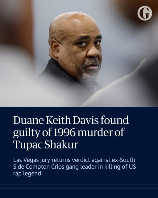 A Las Vegas jury has found former South Side Compton Crips gang leader Duane Keith Davis guilty of the murder of Tupac Shakur, bringing the case to a close nearly 30 years after the famous rapper was gunned down.

The 63-year-old man who was accused of instigating the deadly shooting, although not pulling the trigger himself, had spent years telling investigators and interviewers alike of his direct involvement before he was arrested in 2023. Much of the prosecution’s case hinged on details directly pulled from a memoir Davis published in 2019, titled Compton Street Legend.

Davis ultimately became the prosecution’s lead witness, despite being the defendant. “Had he decided to never write the book,” Marc DiGiacomo, the Clark county district attorney, said during the trial, “he would not, probably, have ever been prosecuted for the crime.”