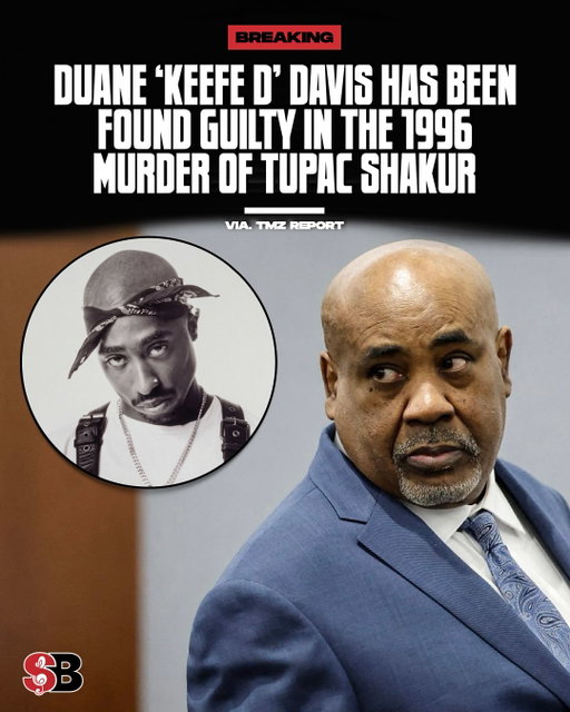BREAKING: Duane “Keefe D” Davis has been found GUILTY of first-degree murder with a deadly weapon for the murder of Tupac Shakur in 1996 🚨

Chief Deputy District Attorney Binu Palal told jurors in closing arguments that Davis acquired a gun and “went hunting” for Shakur and Death Row Records co-founder Marion “Suge” Knight after they beat up Davis’ nephew earlier that night.

The 63-year-old Davis could be sentenced to life in prison. The jury deliberated for less than 3 hours after a weekslong trial in Las Vegas.