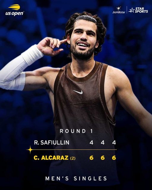 The defending champion is off to a flying start! 🚀

Carlos Alcaraz begins his US Open title defence with a straight-sets win in Round 1! 🙌

Watch #USOpen 2026 👉 Live on Star Sports & JioHotstar
