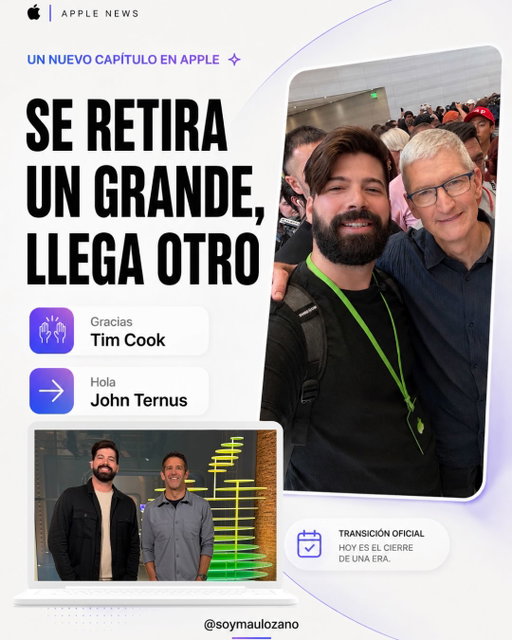 CAMBIOS EN APPLE: SE RETIRA UN GRANDE, LLEGA OTRO 🙌 
He tenido la oportunidad de coincidir con ambos, Tim Cook, ahora ex-CEO de Apple, que sin duda se va con la frente en alto después de 15 años al frente de Apple, una etapa en la que la compañía creció de forma impresionante, lanzó nuevas categorías como Apple Watch y AirPods, y transformó la Mac con Apple Silicon.

Ahora llega John Ternus.

Y creo que su llegada puede ser especialmente interesante porque lleva años detrás del hardware de Apple y ha participado directamente en productos como iPad, iPhone, AirPods y la transición del Mac a Apple Silicon.

Será interesante ver qué cambia, qué se mantiene y qué nuevas apuestas llegan con esta nueva etapa.

Gracias, Tim. Bienvenido, John.

¿Cuál fue tu logro favorito de Tim Cook en Apple?

#Apple #TimCook #JohnTernus #AppleNews