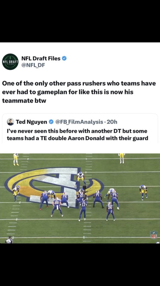 Aaron Donald and Myles Garrett are going to be scary 😭

Donald has played 154 regular-season games for the Rams and recorded 111.0 sacks, 500 total tackles, 297 solo tackles, 24 forced fumbles, 21 passes defended, 1 safety, 176 tackles for loss, and 260 QB hits. 

He has 10 Pro Bowls, 8 First-Team All-Pro selections, 3 NFL Defensive Player of the Year awards (2017, 2018, 2020), 2014 Defensive Rookie of the Year, and a Super Bowl LVI championship with the Rams. His best statistical season came in 2018, when he posted a career-high 20.5 sacks.

(@nfl)