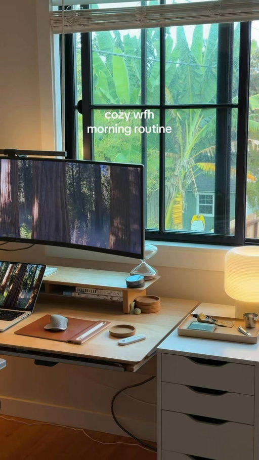 multiple reasons why I get up in the morning - first, coffee of course second, my desk setup optimizing my morning routine workflow ✍️ #desk #desksetup #desktour #deskgoals #cozyhome wfh wfhlife sandiego lifestyle