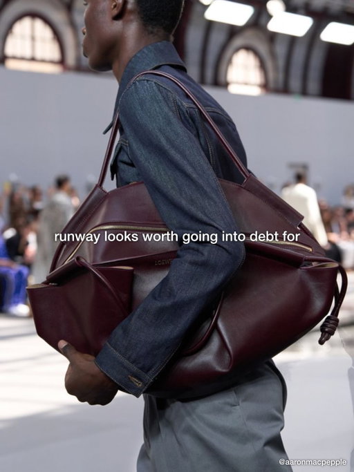runway looks worth going into debt for

my favourite look from pharrell’s time at LV

10s bottega >>

need this whole look for fw

that zip sweater 🤌🏿

such a clean look

that jacket, those shoes, the glasses! gucci can do no wrong

really want that bag

love a double collar

which is your favourite look