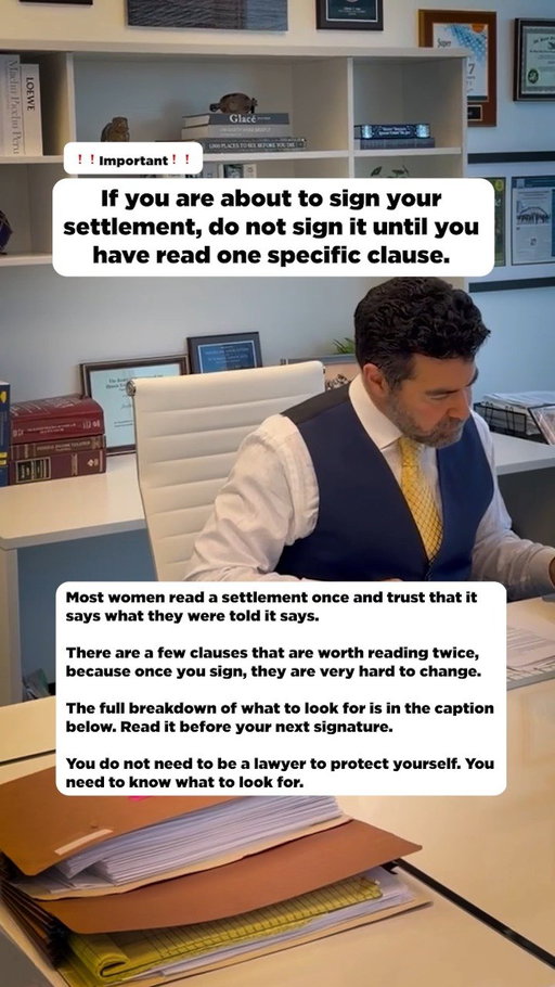 Before you sign your divorce settlement, read this clause twice.

A settlement can look fair on the surface while containing language that significantly affects your financial future.

• Check exactly what rights you are waiving
• Review how assets, debts, and support are defined
• Look for language that limits future claims
• Make sure every promise is actually written into the agreement
• Never assume a verbal explanation overrides the document

Once you sign, changing the agreement can be extremely difficult.

Read the document carefully. Ask questions. And if you don't understand a clause, get legal advice before signing.