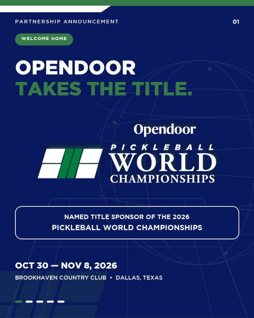A new chapter begins on pickleball’s biggest stage! 🏟️🏠

Opendoor has been named the official title sponsor of the 2026 Opendoor Pickleball World Championships, bringing together America’s fastest-growing sport and a company committed to making homeownership simpler, faster and fairer 🤝

Welcome to Worlds, @opendoor. We’ll see you in Dallas. 🌎🏆

Tickets and amateur player registration are available now through the link in bio 🔗