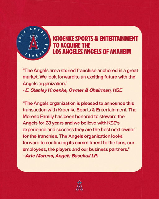 OFFICIAL: Kroenke Sports & Entertainment (“KSE”) announced that it has entered into a definitive agreement to acquire a controlling interest in the Los Angeles Angels Baseball Club from the Moreno Family.

The transaction is expected to close in the first quarter of 2027, subject to customary closing conditions and approval by Major League Baseball.
