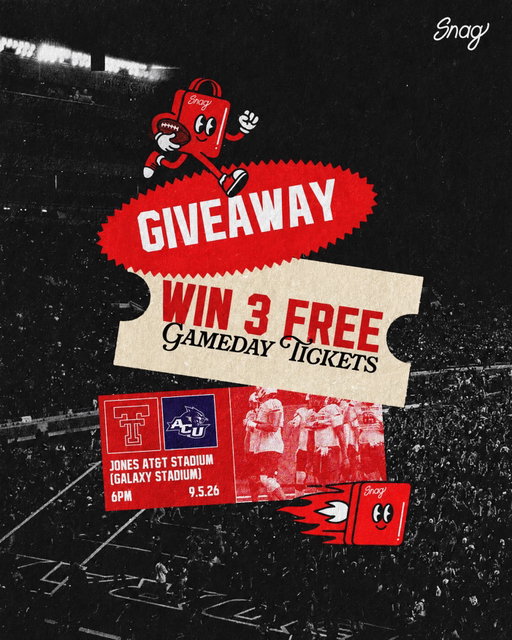 Home Opener Giveaway🚨🏈

We’re giving away 3 tickets to the home opener this Saturday‼️

To enter
- Follow @snagtexastech 
- Tag 2 Friends your taking to the game with you
- Repost to your Story

The winner will be announced this Friday 9/4 at 12CT on our story.