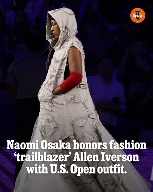 All of Nike’s tennis kits for the U.S. Open are basketball-inspired, after the New York Knicks’ NBA championship earlier this year. Carlos Alcaraz is wearing a jersey-style top, and the women’s kits prominently feature mesh similar to netting.⁠
⁠
Naomi Osaka paid homage to Sixers icon Allen Iverson with her walk-on outfit for her first-round match at the U.S. Open.⁠
⁠
Osaka, known for taking big swings with her on-court fashion, walked out in a gray dress, covered in news headlines written about her, before taking the hood off to reveal a headband over her braids, her tribute to Iverson’s iconic look.⁠
⁠
“It’s my, I guess, my tribute to Iverson. I really like him a lot,” Osaka said following her first-round victory over Anastasia Zakharova.⁠
⁠
Iverson later reposted her tribute on his Instagram with the caption: “Wow what an honor! Big fan, can’t wait to meet you!”⁠
⁠
Read more at the link in @phillyinqsports' bio.⁠
⁠
📝 by @gabrielacarroll / Staff⁠
📸 by Inquirer Staff; The Associated Press