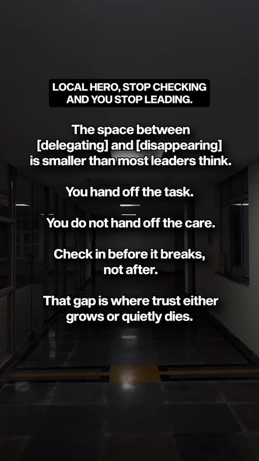 Stop checking, and you stop leading. 

The moment a leader stops checking in on delegated tasks is the exact moment they stop leading. Delegating a project isn't a license to disappear, it is an opportunity to guide, support, and maintain high standards without taking over the execution.

How to balance delegation with active leadership:

- Maintain Oversight: Hand off the daily task, but keep ownership of the ultimate standard.
- Inspect Proactively: Check in before systems break down so teams feel supported, not caught off guard.
- Protect the Gap: Ensure the space between delegating and disappearing is filled with consistent guidance.

True leadership requires staying engaged throughout the process.

Bigger isn't the win. Better is.

Follow @steveschwab1971 for more hospitality and leadership insights.

#LeadershipStandards #Delegation #ExecutiveStrategy #FoundersMindset