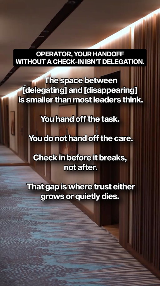 A handoff without a check-in isn't delegation, it's abandonment. 

When an operator hands off an assignment without scheduling touchpoints, they create an unnecessary risk for the business. Effective delegation requires intentional follow-up to ensure execution aligns with expectations before problems reach the guest.

Key steps for structured handoffs:

1. Assign clearly: Pass off the operational task along with complete context.
2. Schedule check-ins: Inspect progress early to catch errors while they are still small.
3. Build trust: Support the team through the process to build genuine operational confidence.

Consistency in oversight is what turns good handoffs into great results.

Bigger isn't the win. Better is.

Follow @steveschwab1971 for more hospitality and leadership insights.

#OperationalExcellence #PropertyManagement #WorkplaceCulture #TeamManagement