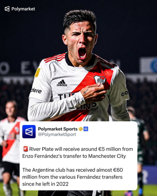 🚨River Plate will receive around €5 million from Enzo Fernández’s transfer to Manchester City

The Argentine club has received almost €60 million from the various Fernández transfers since he left in 2022

Follow @polymarketfc for the latest football news 🗞️