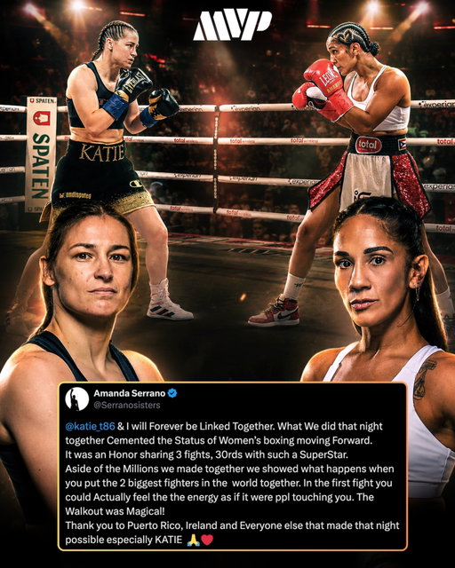 AMANDA SERRANO PAYS TRIBUTE TO KATIE TAYLOR AHEAD OF HER RETIREMENT FIGHT 🥊

After sharing 30 unforgettable rounds across three historic fights, Amanda Serrano reflected on the legacy she and Katie Taylor created together and praised her longtime rival for helping change women’s boxing forever. 🙏

@serranosisters says the two will forever be linked after a rivalry that helped take women’s boxing to new heights. 📈🔥

Nothing but respect between two legends of the sport. 👏

#katietaylor #amandaserrano #boxing #taylorserrano