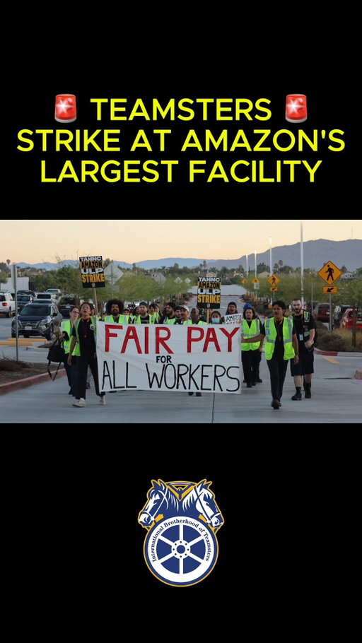 AMAZON TEAMSTERS LAUNCH ONE-DAY STRIKE AT COMPANY'S LARGEST WAREHOUSE

Today, Amazon Teamsters at the $3 trillion corporation's DJT6 warehouse in Riverside, California, launched a one-day ULP strike to protest Amazon's illegal intimidation and retaliation against workers demanding safer working conditions.

Workers at DJT6 — Amazon's largest warehouse in the nation — organized with Teamsters Local 1932 last year. Since then, the company has refused to listen to worker concerns and even fired a rank-and-file union leader at the warehouse without cause. Now, Amazon Teamsters at DJT6 are on a 24-hour work stoppage to protest Amazon's illegal actions.

Today’s strike is the first time that Teamsters on both primary shifts at the DJT6 facility have engaged in a coordinated action, bringing one of Amazon’s key nationwide hubs to a 24-hour shutdown.